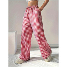 N 51550 Pink Plaid Tie Loose Casual Pants �۸�ϵ���������п�