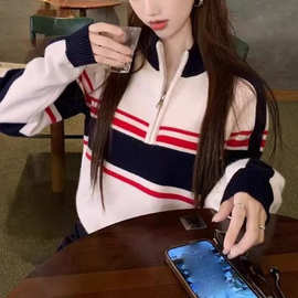 美式复古街头撞色条纹半拉链针织衫女2025秋冬新款学院风运动上衣