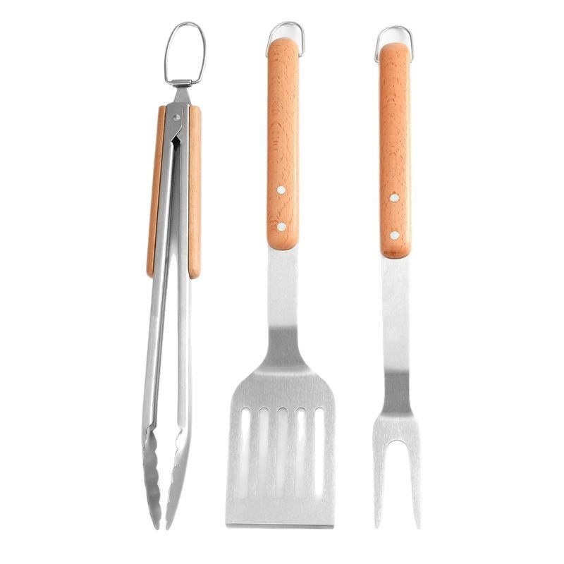 Juego de utensilios para hornear de acero inoxidable, mango de madera, herramienta para barbacoa, juego de tres piezas, accesorios para barbacoa portátiles al aire libre, clip para alimentos con mango de haya