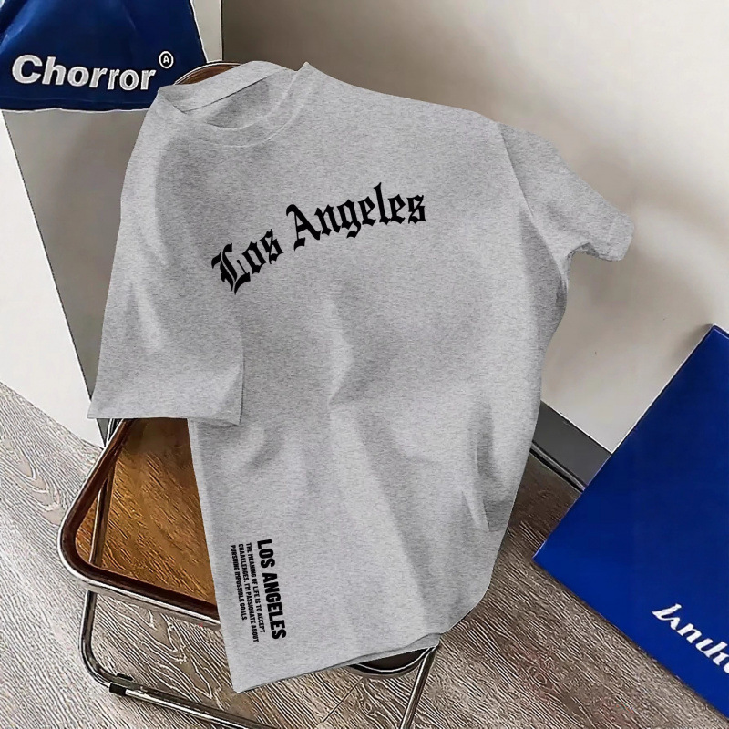 Men's Clothing Men's 100% Cotton Fashion T-Shirt Casual Loose Fit Crew Neck Short Sleeve Los Angeles Letter Print Comfortable Wear Top_voghion.com