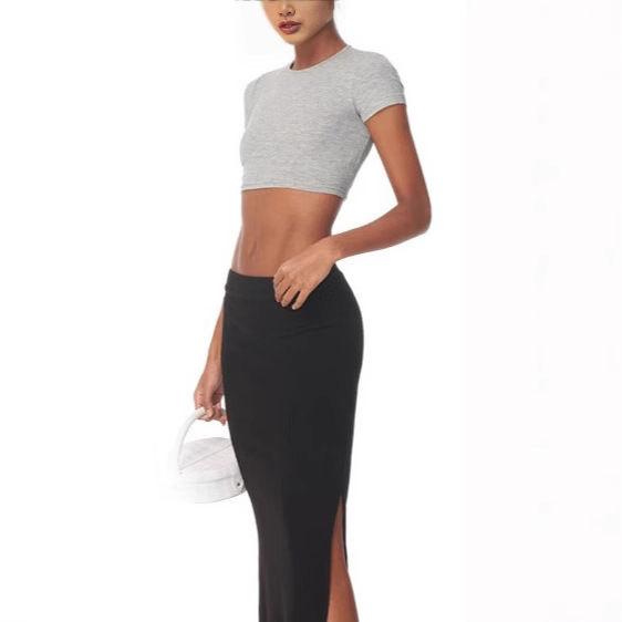 아메리칸 스타일 핫 걸 백 할로우 스트랩 디자인 센스 반팔 티셔츠 섹시한 이슬 스트랩 가슴 패드 여성용 긴팔 쇼트 탑