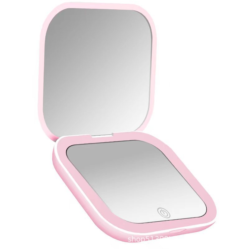 Venta directa de fábrica Espejo de maquillaje Regalo portátil Espejo de maquillaje de mano plegable con luz de carga Modelo avanzado transfronterizo