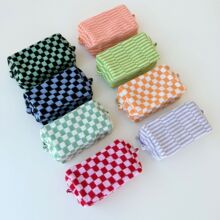 毛线针织化妆包大容量棋盘格条纹拼色格子收纳袋笔袋便携学生ins
