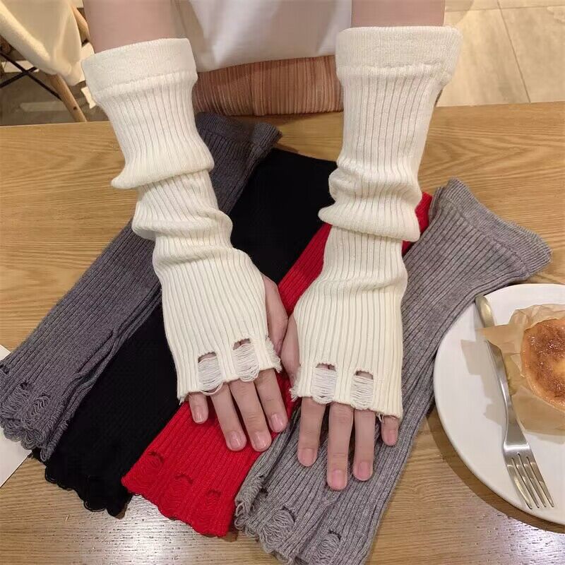 針織袖套日系破洞辣妹手套露指手套堆堆手臂套純色百搭袖子