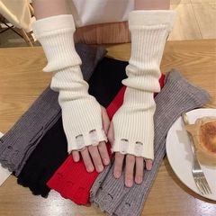 針織袖套日系破洞辣妹手套露指手套堆堆手臂套純色百搭袖子