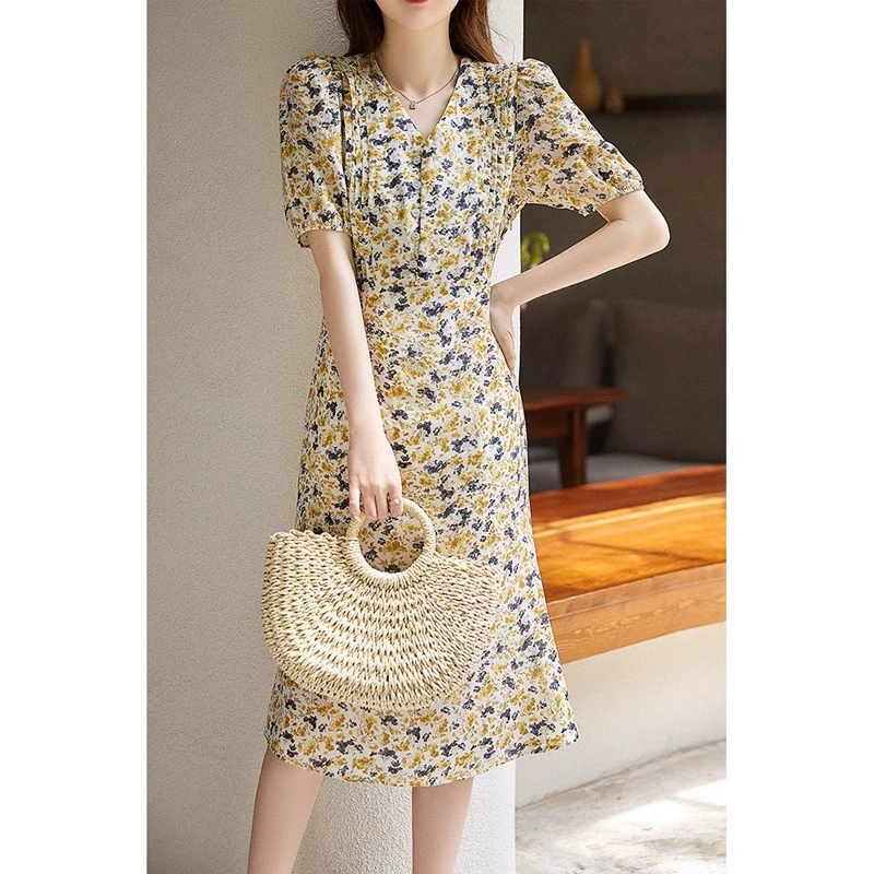 Летнее платье из шелка тутового шелкопряда в стиле французского шелка, с цветочным принтом, 2025 года, женское,  облегающее, с пышными рукавами и силуэтом "русалка"