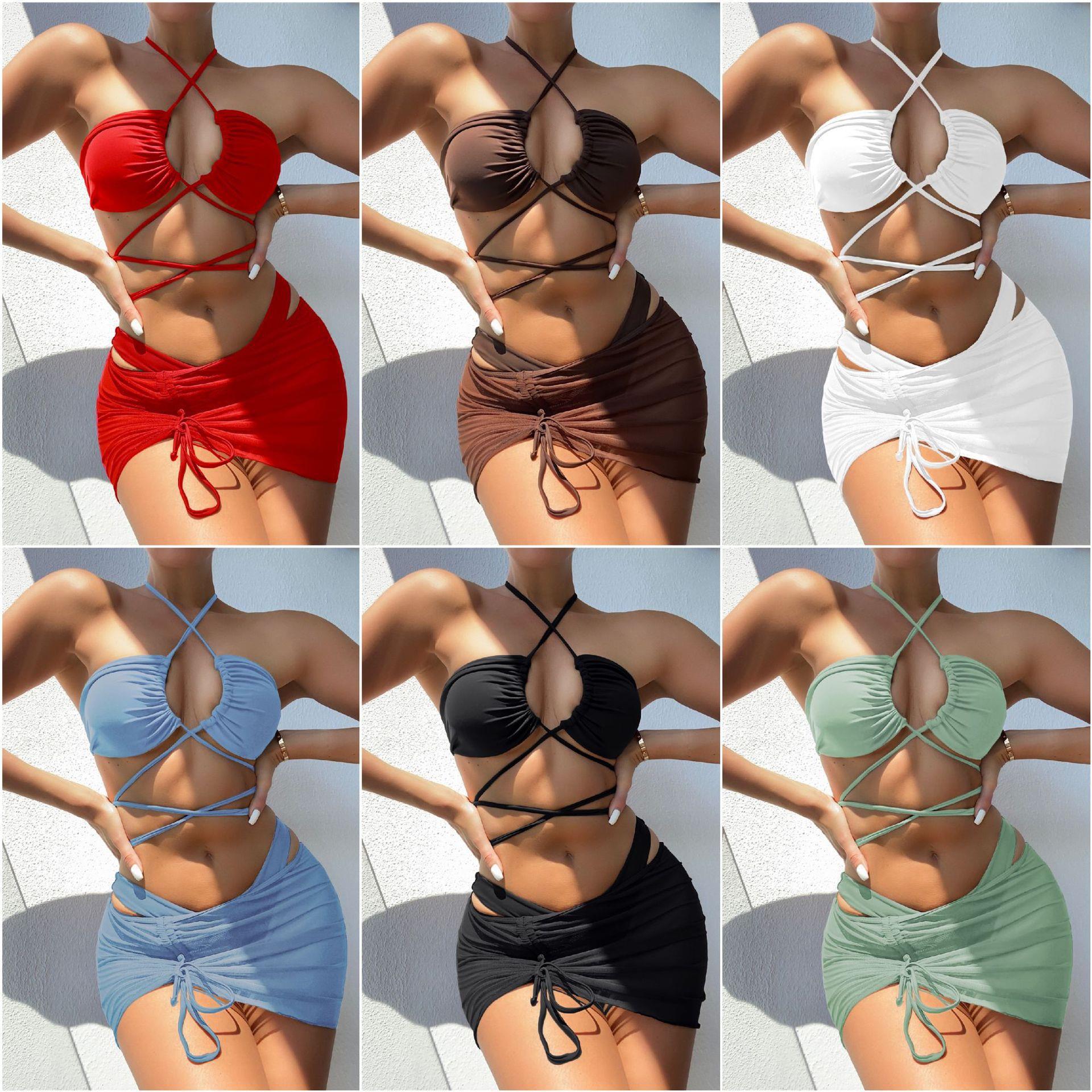 2024 neue frauen Sommer Bademode Neck Strap Reverse Mesh Bikini Drei Stück Set_voghion.com