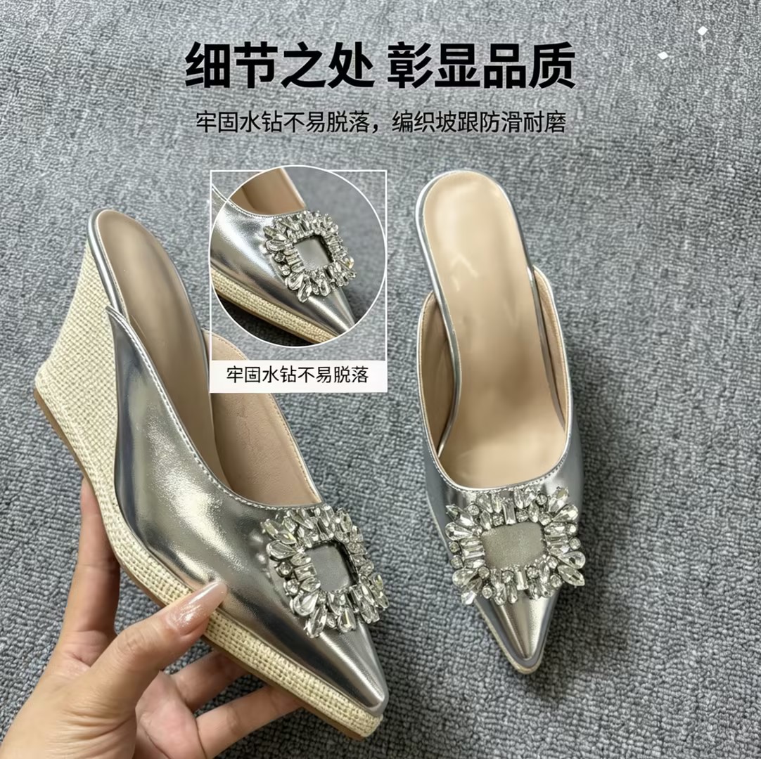 跨境现货代发浅口女单鞋厚底拖鞋高跟鞋亮皮凉拖坡跟高跟鞋