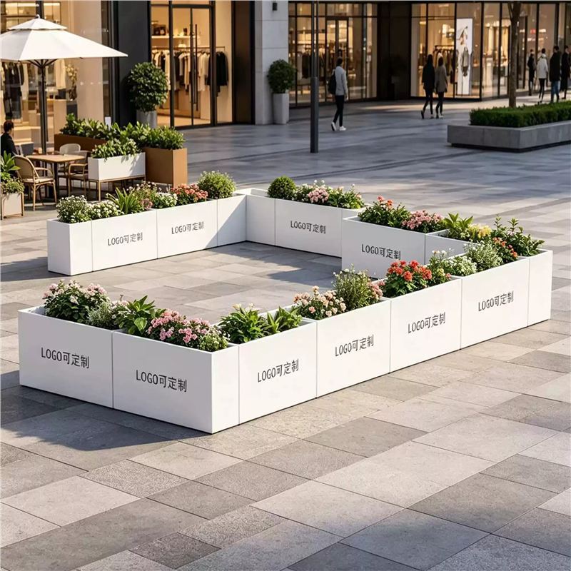 Outdoor metal flower boxes, balcony flower boxes, commercial street flower boxes, stainless steel flower planters, rectangular flower pots, flower beds for sales offices and squares