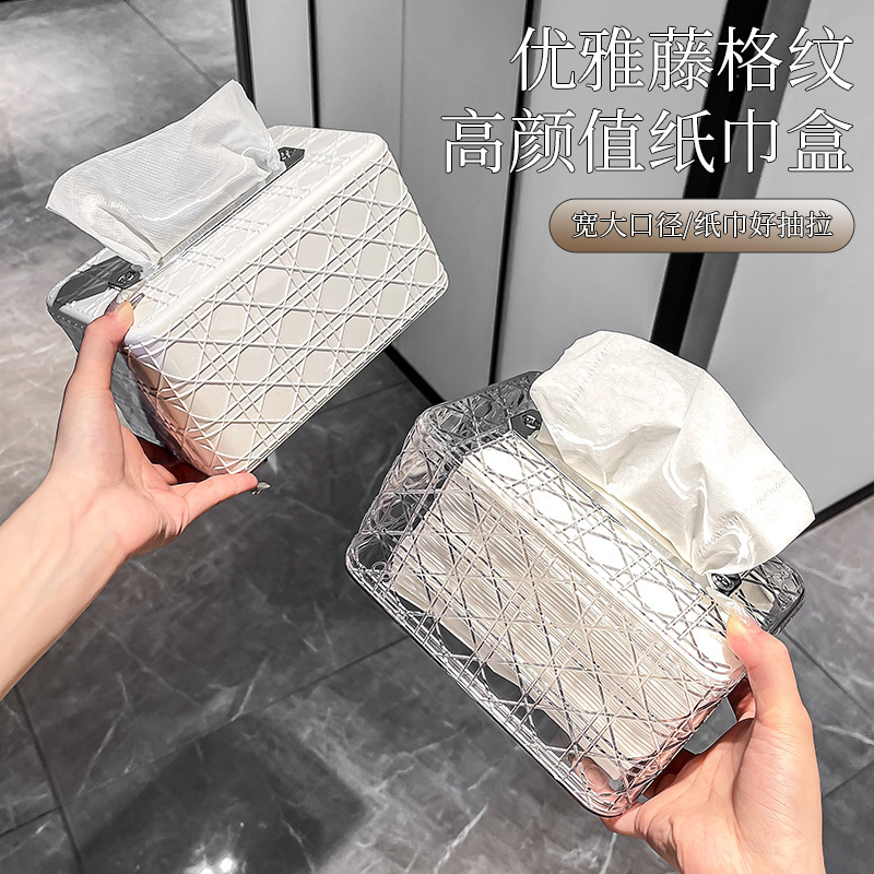 Light Luxury Square Rattan Plaid Tissue Box Advanced Design Sense Living Room Paper Box Bathroom Desktop Spring Lifting