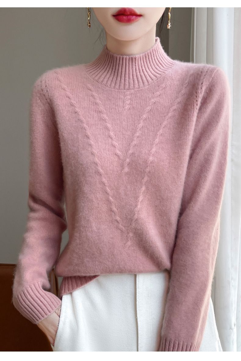 【 Cashmere Family 】 Halbhoher, kurzer, lockerer und dicker Jacquard-Strickpullover für Damen mit Wollunterseite, Innenschicht_voghion.com