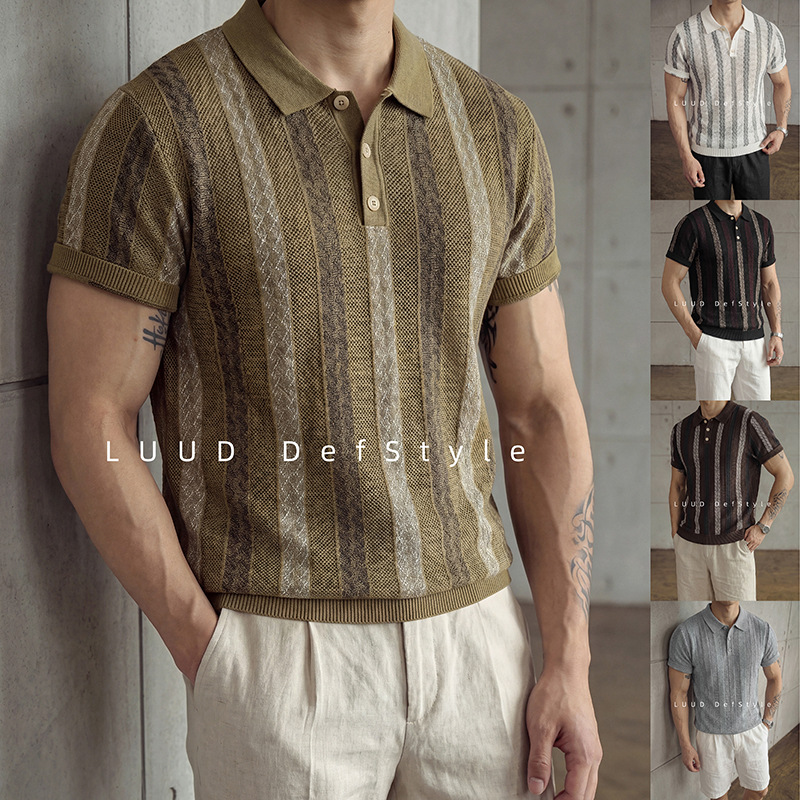 Polo camiseta de punto camiseta de manga corta camiseta de hombre solapa rayas huecas viejos vientos de alto nivel de verano fábrica transfronteriza al por mayor