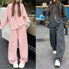 韩系气质高级套装2025春秋新款休闲半拉链卫衣阔腿裤两件套女代发