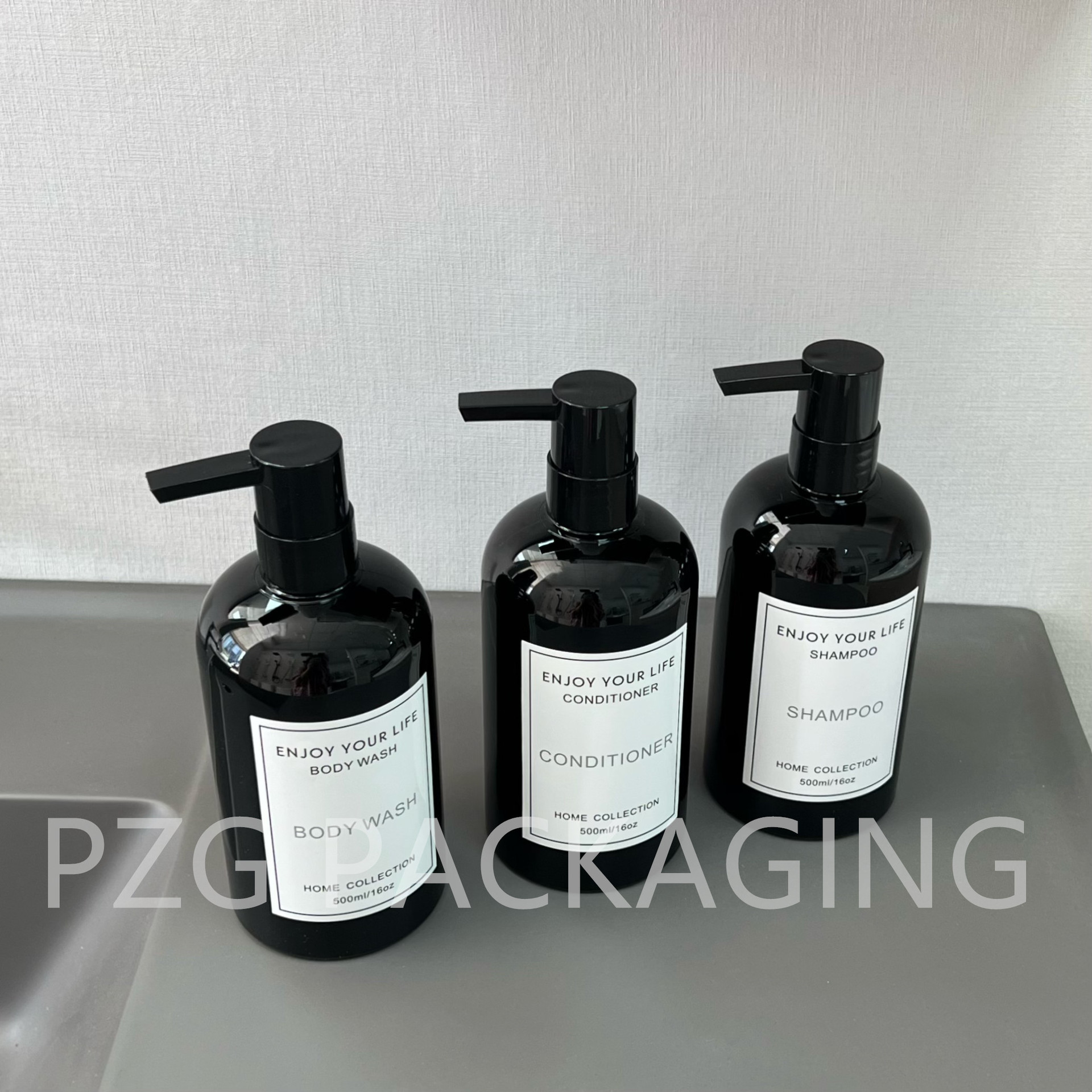 Botella de gran capacidad negra protegida contra la luz champú acondicionador loción corporal reemplazo de botella de plástico en stock