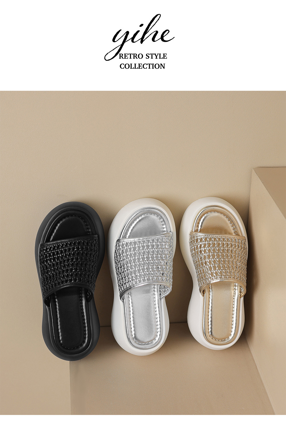 Dép sandal nữ quai chữ V đế xuồng cao, đan rỗng đi biển mùa hè — Màu đen, Màu vàng, Màu bạc chi tiết 16