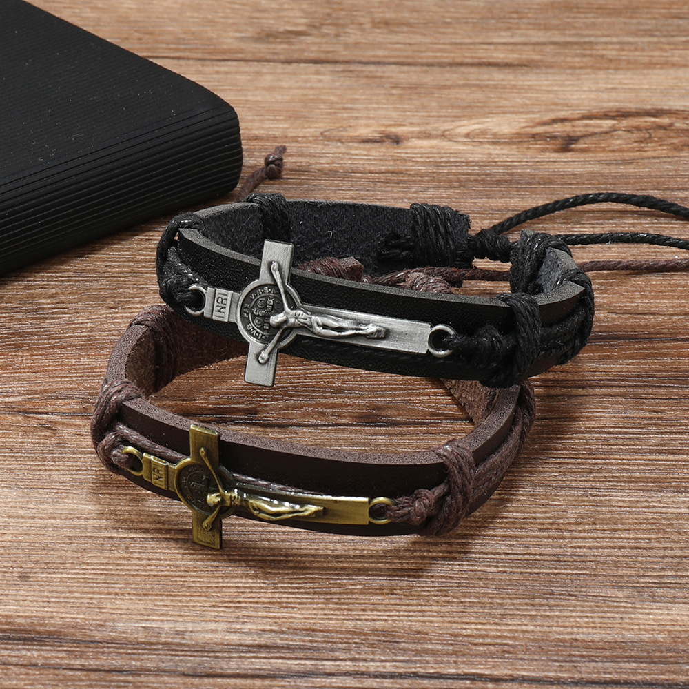 Men's Gender Retro Cross Pu Leather Alloy Knitting Men's Bangle Men Cord & Leather Bracelets