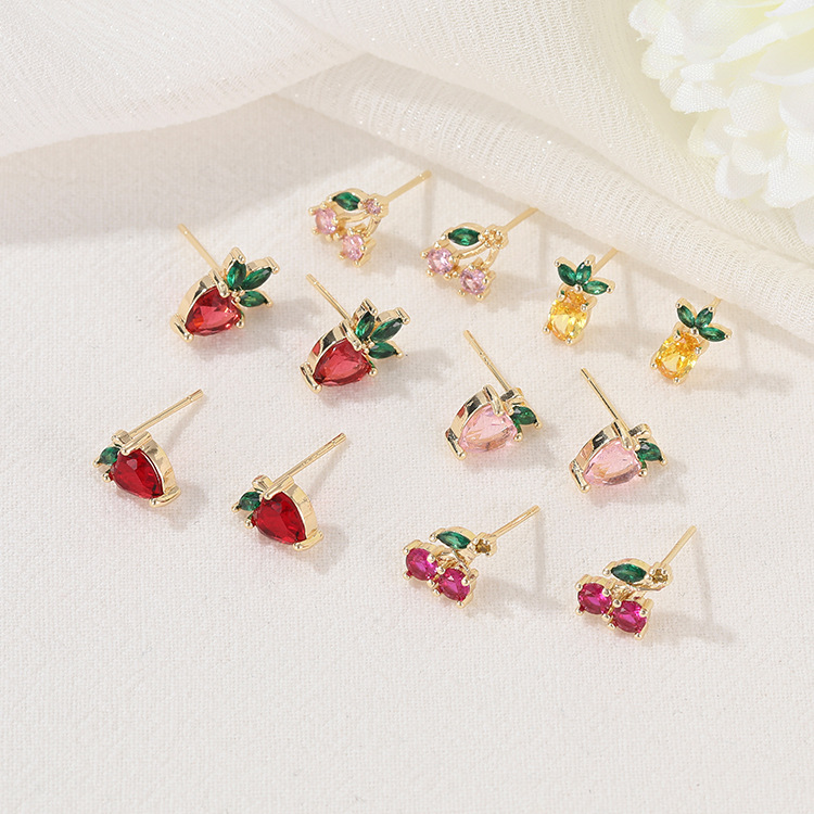6g Weight 925 Sterling Silver Ear Needle Material 1 Pair Vintage Style Classic Style Cherry Fruit Plating Copper Zircon Ear Studs
