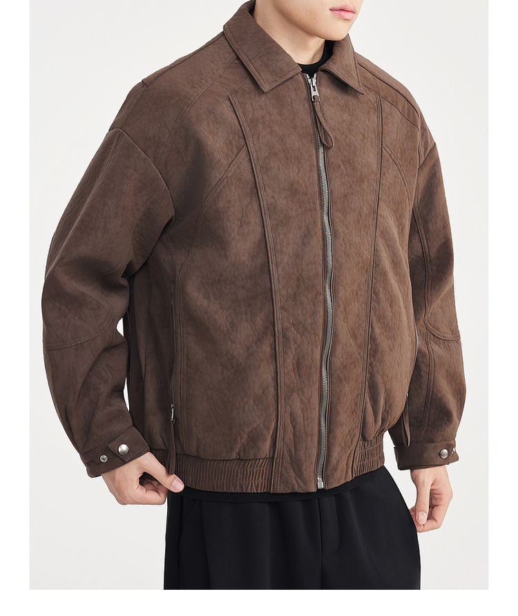 Áo khoác nam da PU mờ phối cotton cổ trụ kiểu Old Money — Màu nâu sẫm chi tiết 19