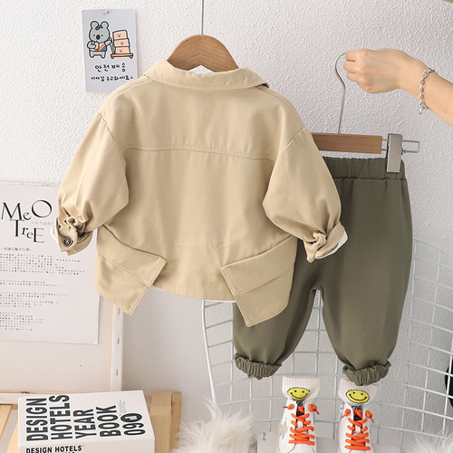 Boys work shirt set  new children's shirt spring and autumn long-sleeved street autumn T-shirt three-piece set