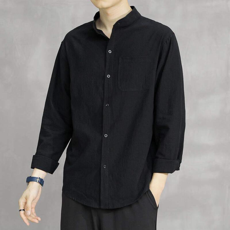 2024 Autumn New Cotton and Linen White Shirt Men's Casual Loose Korean Style Trendy Long Sleeve Shirt Black Jacket