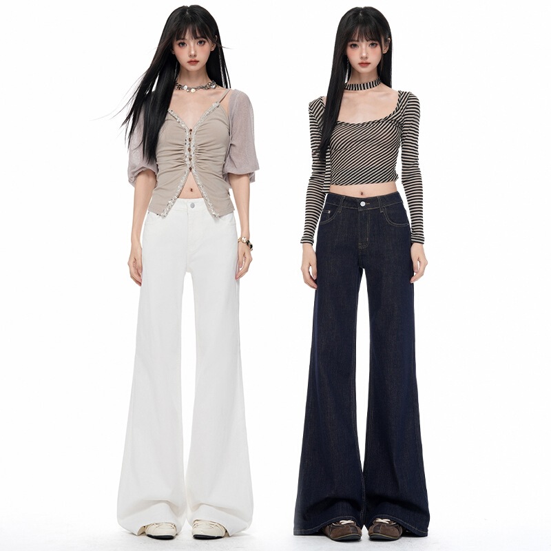 American retro mid-low waist flared jeans for women, non-tight, stretchy, petite, horseshoe-shaped, slimming, floor-length pants American retro mid-low waist flared jeans for women, non-tight, stretchy, petite, horseshoe-shaped, slimming, floor-length pants