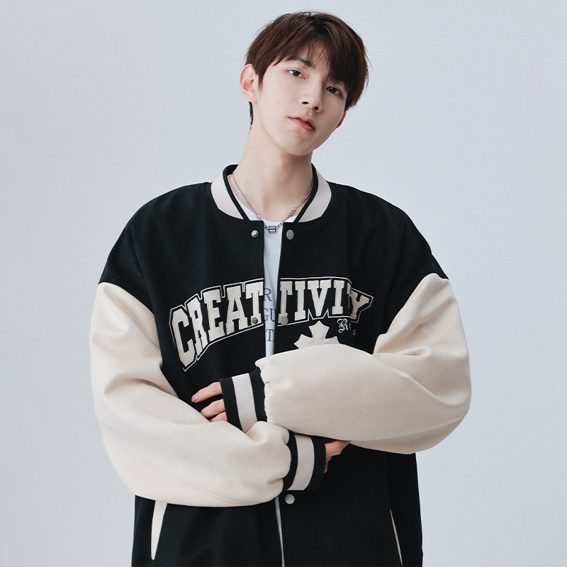 American retro letras bordadas chaqueta de béisbol de pelusa de moda hombre chaqueta de pareja suelta 23002