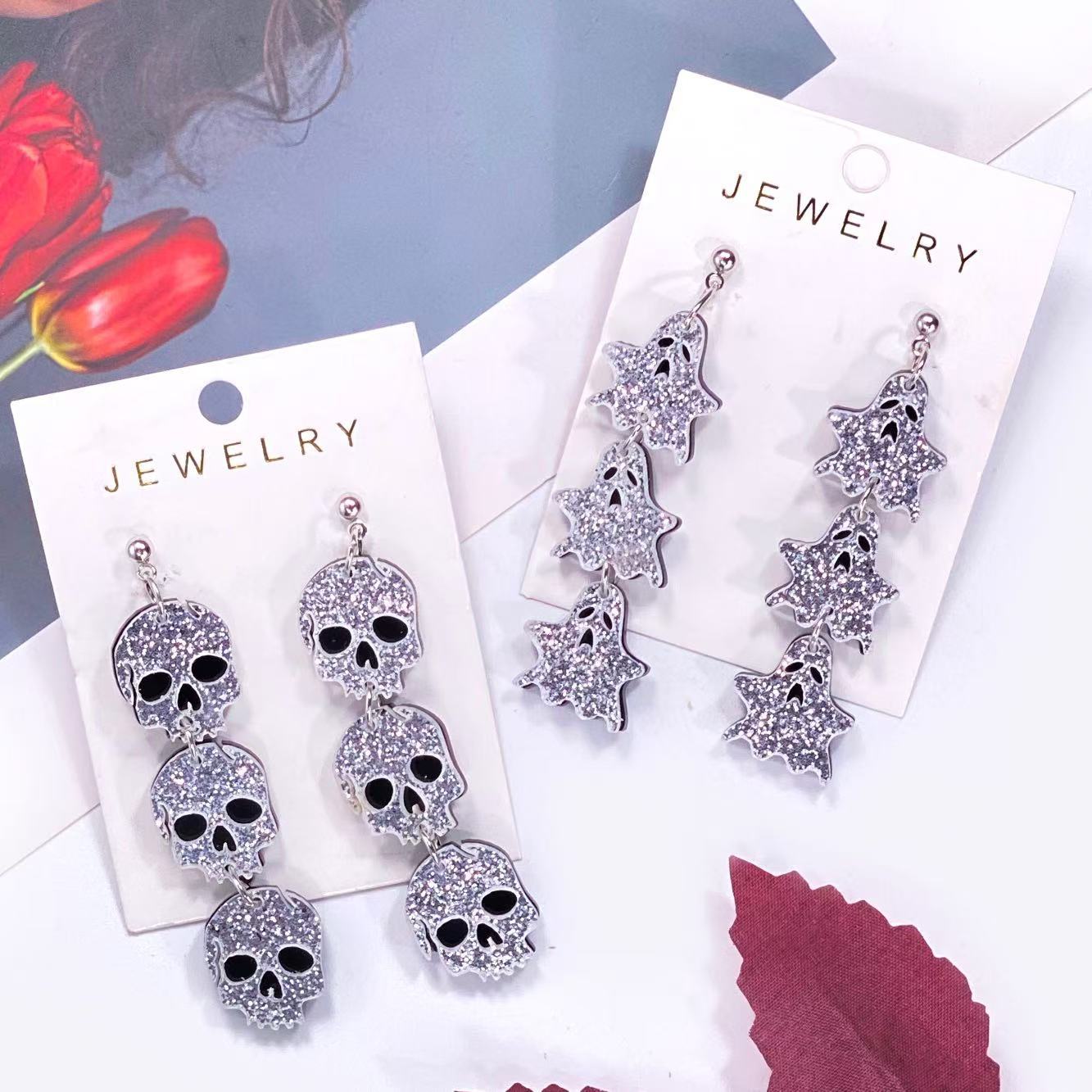 Cross-Border Halloween Skull Ghost Earrings for Women, Glitter Acrylic Exaggerated Earrings, European and American Quirky Personality Accessories