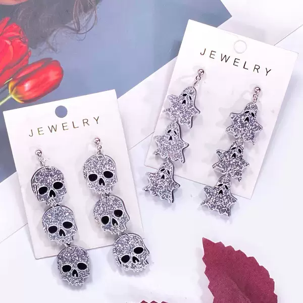Cross-Border Halloween Skull Ghost Earrings for Women, Glitter Acrylic Exaggerated Earrings, European and American Quirky Personality Accessories