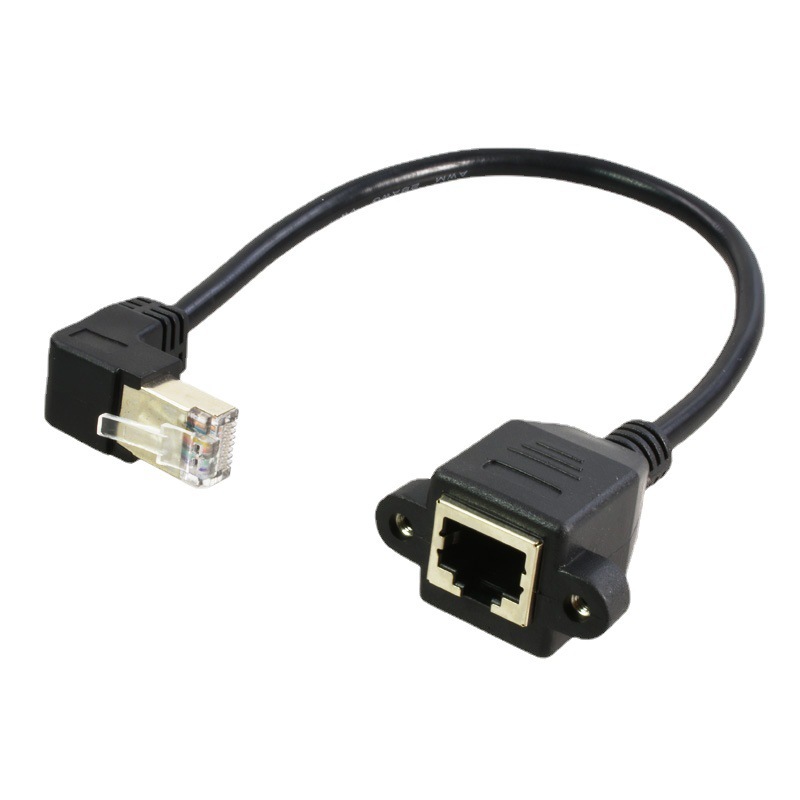 RJ45网线延长线带耳朵螺丝孔可固定 公对母90度弯头延长线