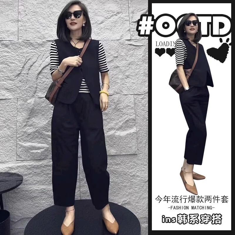 2025 Summer New Salt Light Mature Royal Sister Fan High-grade suit Age-reducing Black Vest Three-piece suit Pants for Women