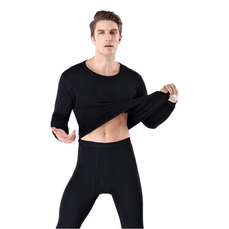 Осенний и зимний мужской утолщенные термобелье костюм сплошной цветной круглый воротник плюс бархатная осенняя одежда осенние брюки оптовая теплая одежда