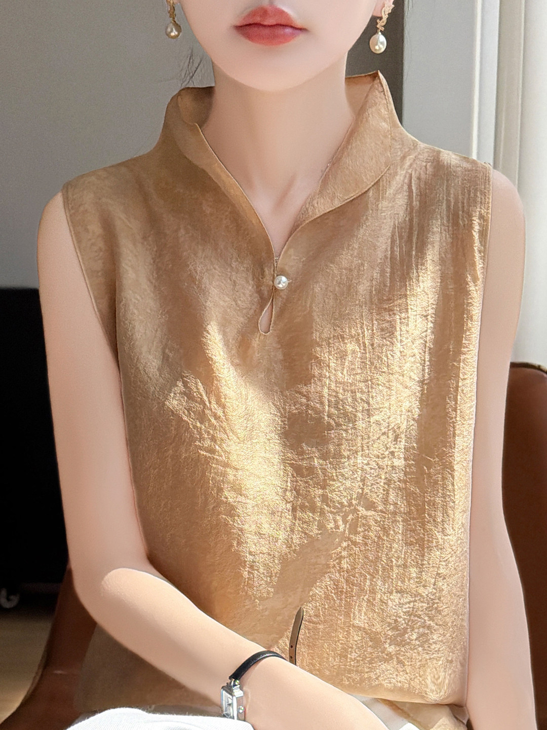 Áo sơ mi không tay cổ lật nữ chất tơ tằm phong cách quốc gia — Champagne màu