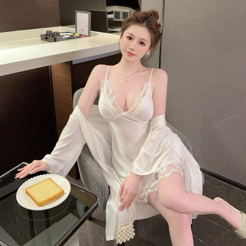 パジャマの女性の夏の氷の糸の薄いタイプのセクシーなレースのガーターの睡眠のスカートのパジャマのスーツは春と秋の家庭服を着ることができます。|undefined