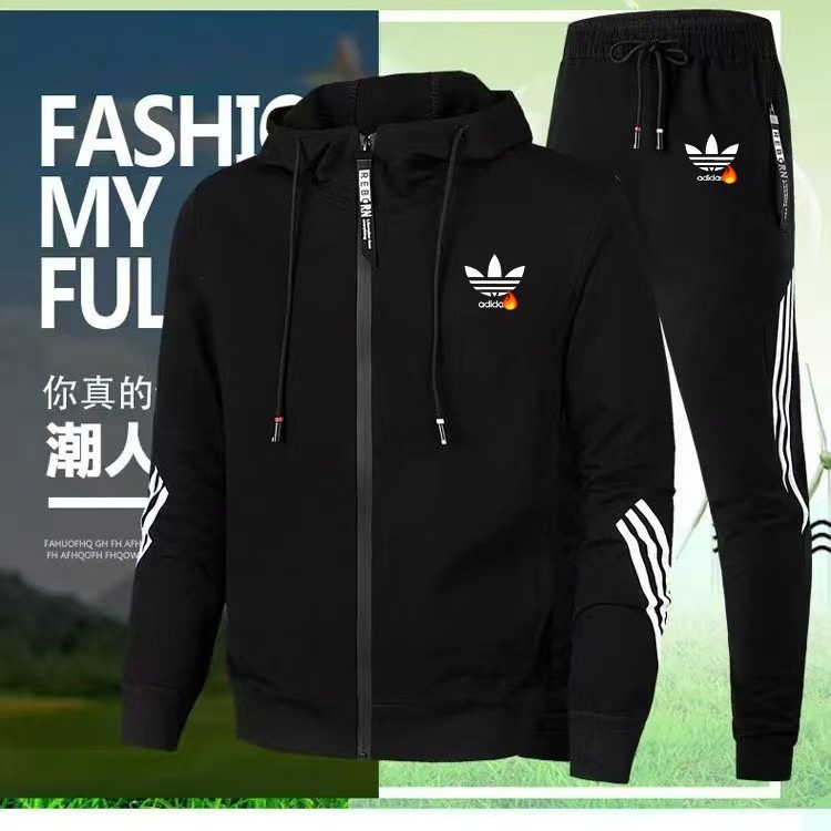 Cross-Border European and American New Products 2025 Factory Three-Stripe Men's Sports Suit Hooded Zipper Air Layer Wholesale Trendy Style