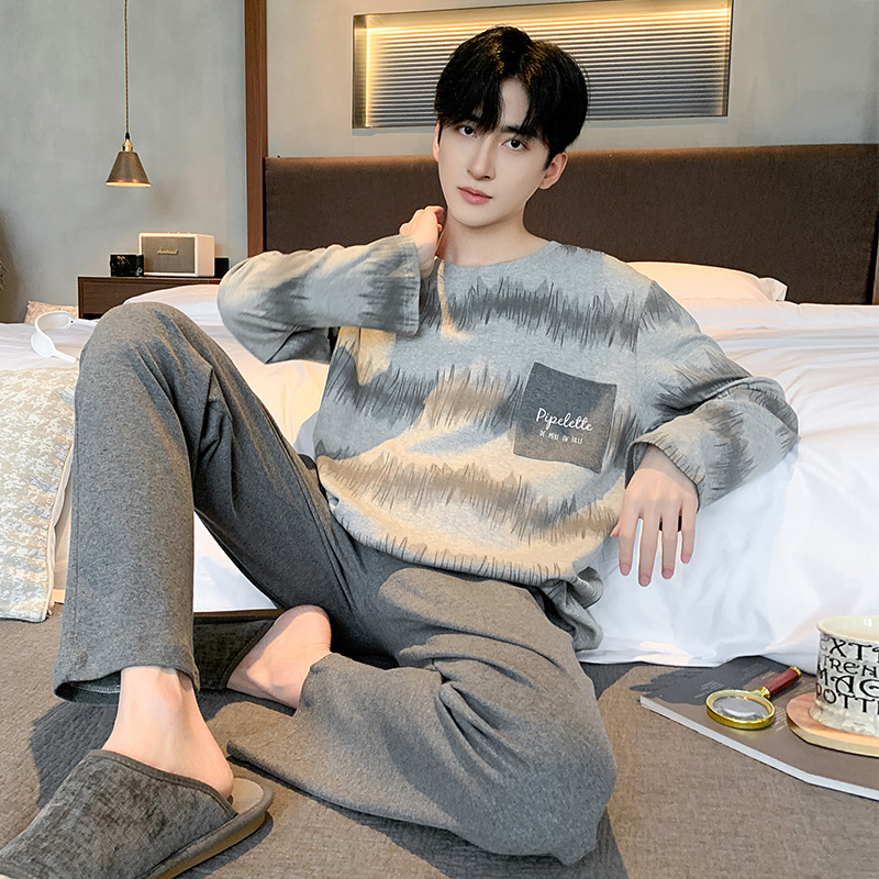 2026 Spring New Pure Cotton Men's Pajamas 100% Youth Autumn and Winter Pure Cotton Thickened Pullover Men's Set Homewear