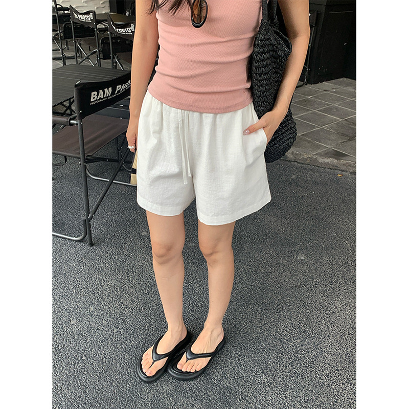 Huang Zheng Korean elastic waist linen shorts outer A- line pants loose wide leg pants thin casual pants 520550