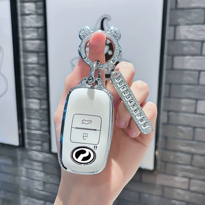 Car key bag — Da Car Key Cover Perodua Toyota - beilu-model-b-smart-3-button-single-shell-white-silver-astronaut-diamond-buckle-silver-number-plate