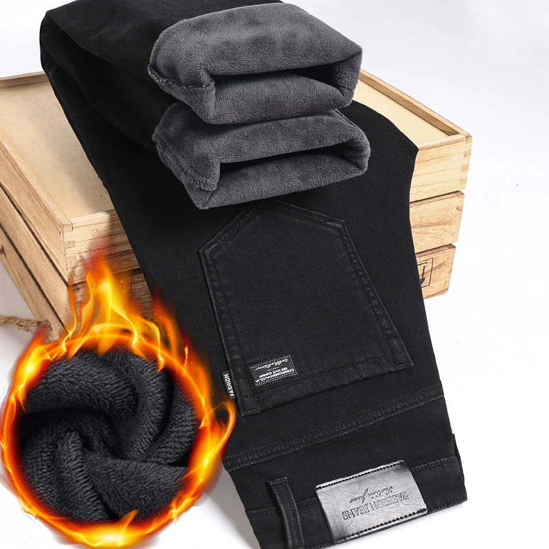 Зимние мужские джинсы среднего возраста на флисовой подкладке, облегающие, теплые, из композитного флиса, зимние эластичные повседневные мужские джинсовые брюки на флисовой подкладке