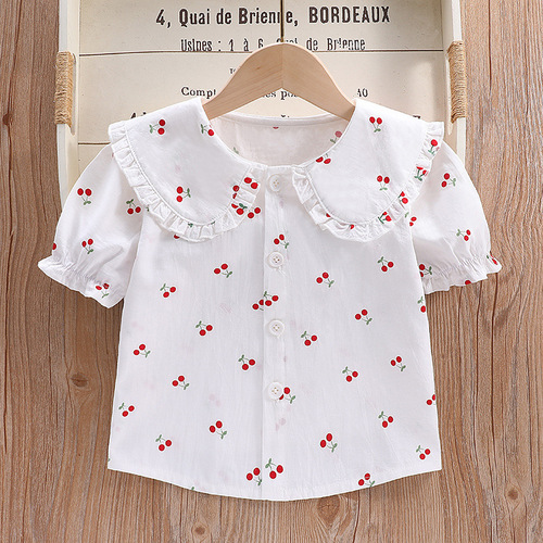 Girls short-sleeved shirts children's bottoming shirts children's shirts 2024 summer new style doll lapel tops for small and medium-sized children