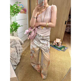 美式复古数码印花链条牛仔裤女宽松显瘦阔腿长裤women jeans