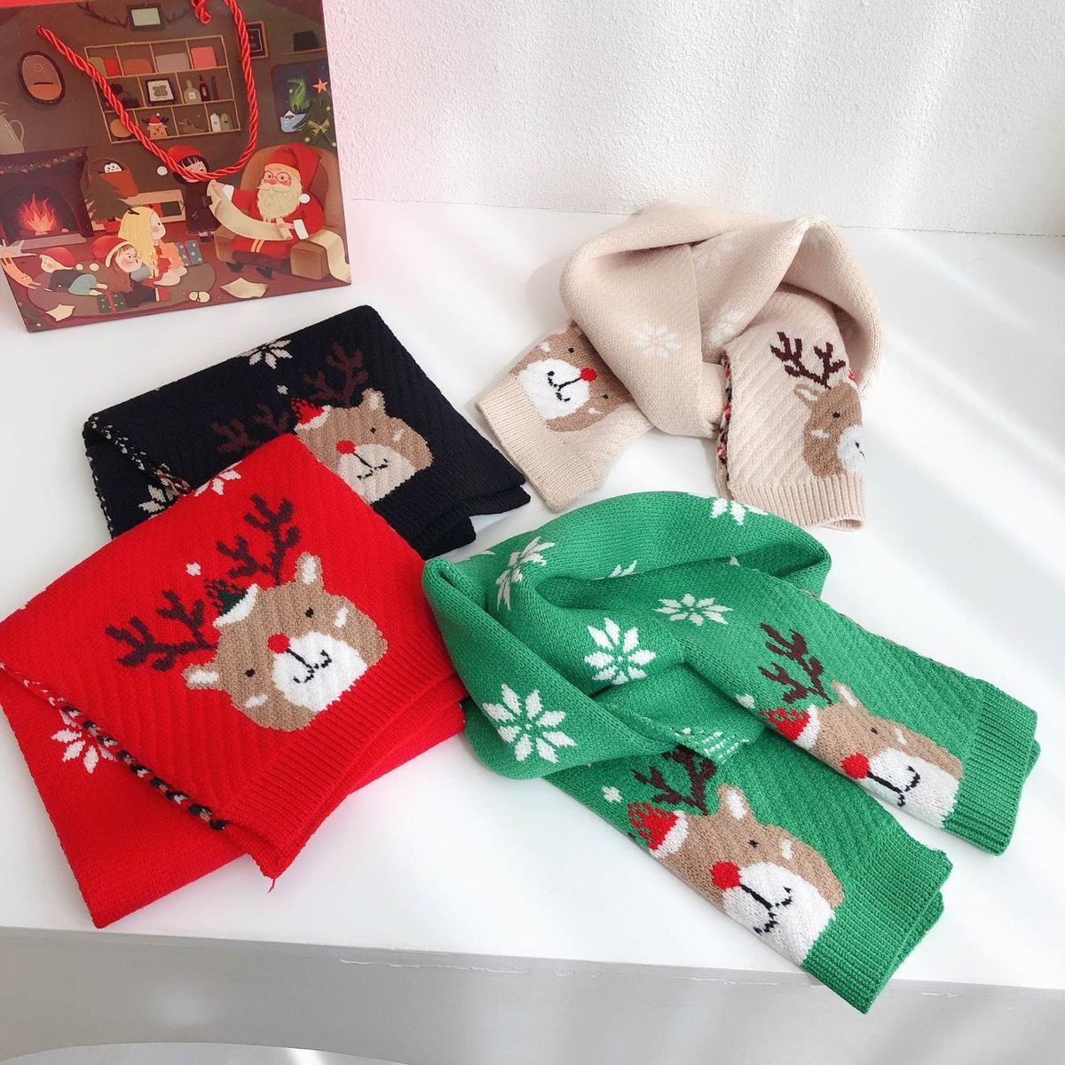 Kadınlar İçin Noel, Sonbahar ve Kış Ren Geyiği Desenli Sıcak Örme Yün Atkı, Şal, Yeni Yıl Kırmızı Atkı_voghion.com