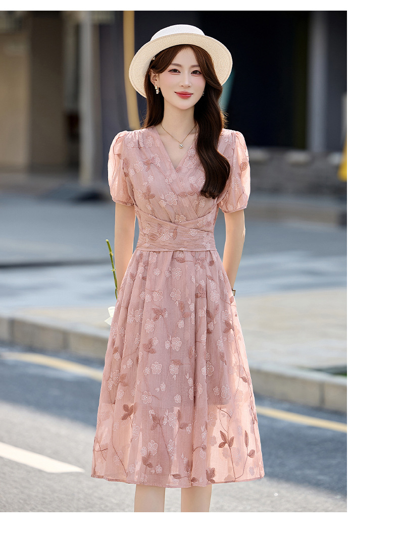 Đầm maxi nữ thắt eo tay bồng họa tiết hoa nhỏ cổ chữ V phong cách tea dress — Màu hồng, màu vàng chi tiết 22