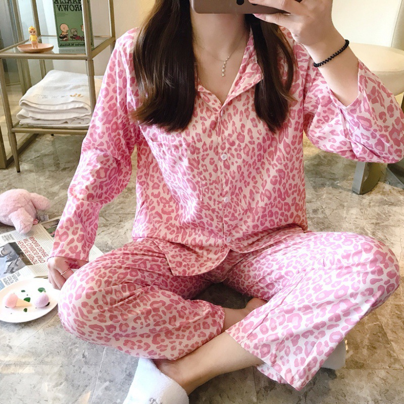 Pijama coreano de dama cuadrado lindo primavera otoño invierno cardigan con solapa manga larga comercio exterior se puede usar para el hogar conjunto de ropa