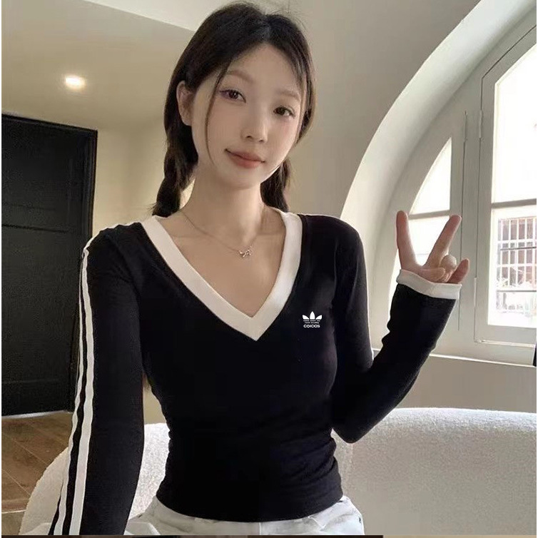 Clover Stripesd Long-Sleeved T-Shirt Deep V Neck Slimming Look Spring and Autum Top Pullover Outer Wear Bottoming Shirt for Women Clover Stripesd Long-Sleeved T-Shirt Deep V Neck Slimming Look Spring and Autum Top Pullover Outer Wear Bottoming Shirt for Women