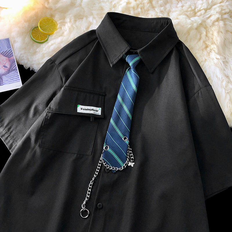 Comercio exterior japonés retro delgada JK corbata camisa verano de los Hombres estilo coreano moda suelta ins pareja todo partido color sólido