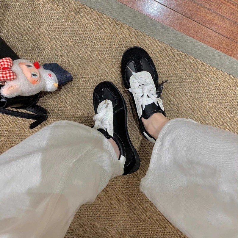 牛皮版~复古德训鞋女拼色系带圆头休闲运动板鞋百搭增高阿甘鞋女|undefined
