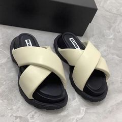 シープスキンバージョン~女性用厚底クロスストラップスリッパ、2025春夏新作女性用本革サンダル