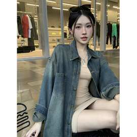 复古做旧牛仔衬衫休闲外套女秋冬2024新款宽松中长款百搭bf风上衣