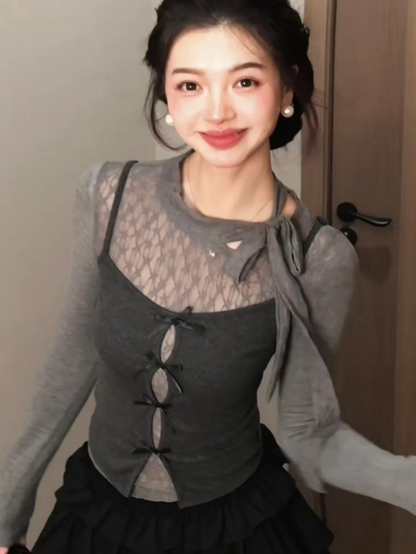 灰色辣妹蝴蝶结真两件长袖t恤女秋季设计感纯欲风修身打底衫上衣|undefined