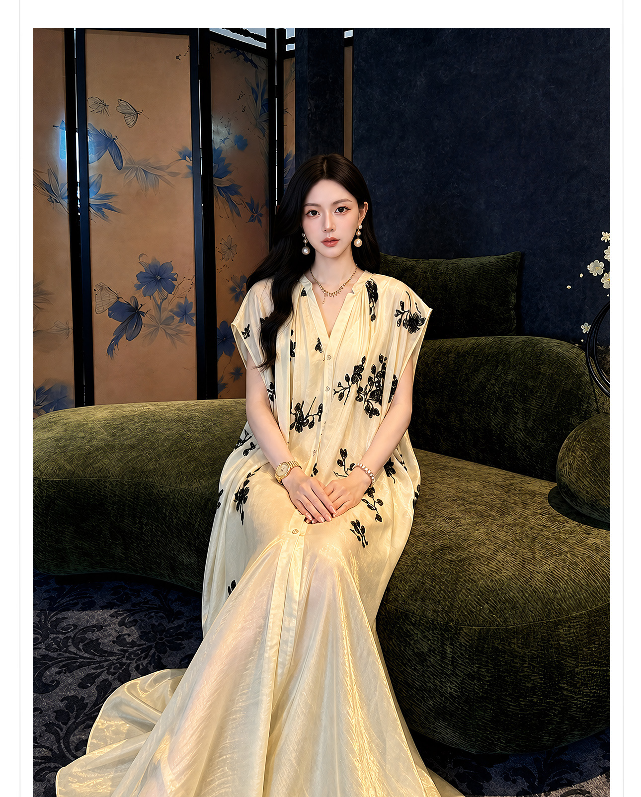 Đầm maxi nữ thắt eo phong cách tân Trung Hoa, cổ tròn, tay ngắn, thân suông, tùng váy xòe nhẹ, gấu váy xẻ tà, chất liệu voan mỏng phối ren thêu hoa và đính cườm lấp lánh — Vàng nhạt chi tiết 4